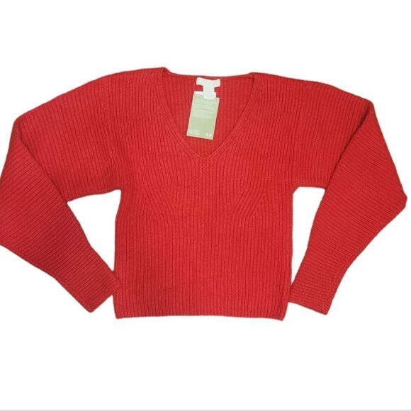 Nwt H&M Red DOLMAN SLEEVE Semi- Cropped V-neck Sweater S - Picture 2 of 11